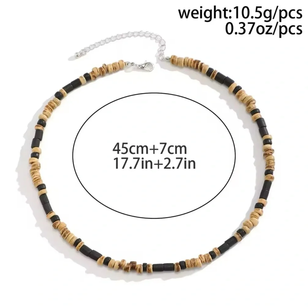 Brown and Black Small Beaded Chain Necklace Men Trendy Wood Beads